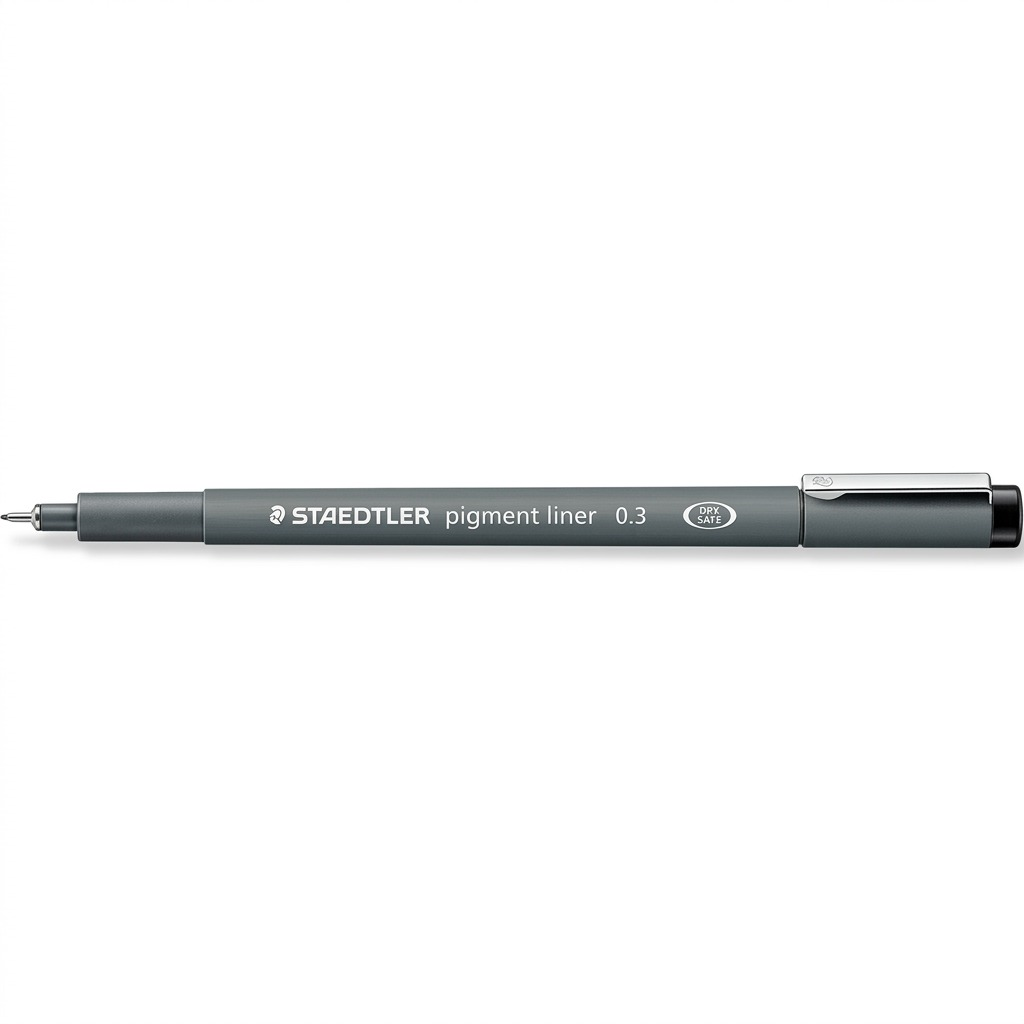Hero shot of a STAEDTLER Fineliner 308 0.3mm black pen, focused, against a pure white background.