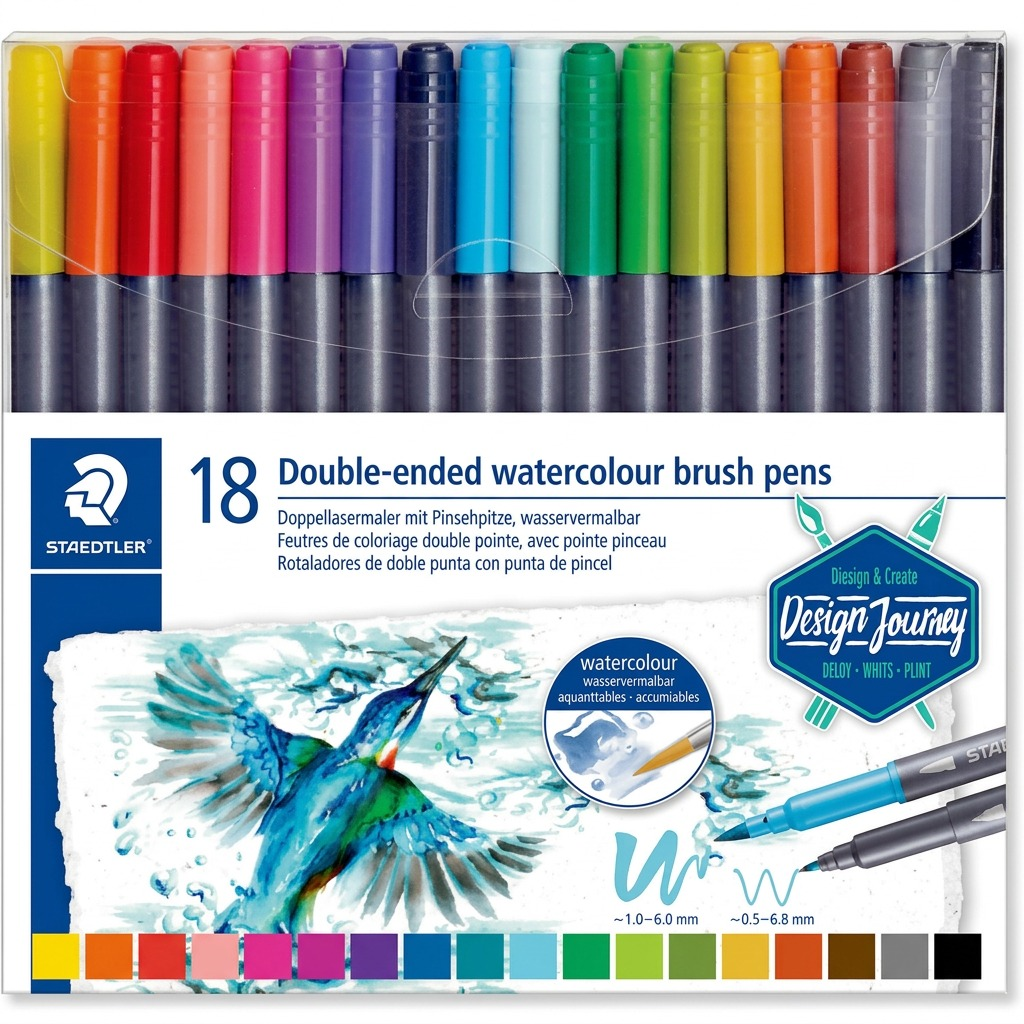 STAEDTLER 18 feutres aquarellables, réf. 3001-TB18-02 — présentation de l’ensemble et de son emballage