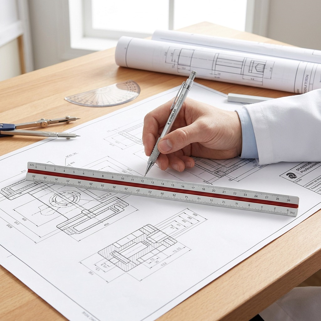 STAEDTLER – Règle triangulaire en plastique, réf. 98718-34BK — présentation en utilisation