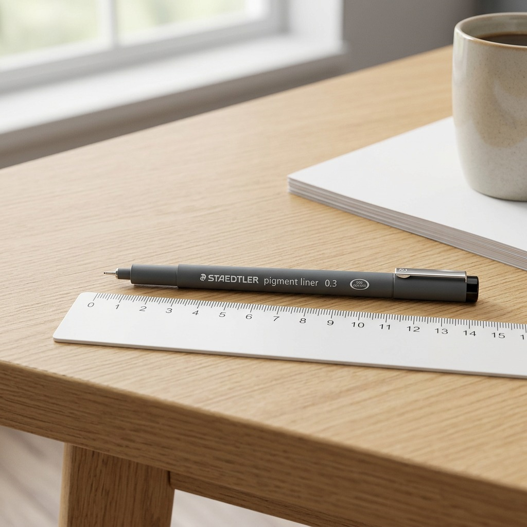 Hero shot of a STAEDTLER Fineliner 308 0.3mm black pen, focused, against a pure white background.