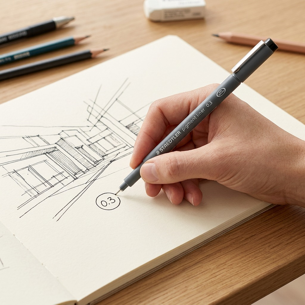 STAEDTLER Pigment Liner – Fineliner noir 0,3 mm, réf. 308-03-9M — présentation en utilisation