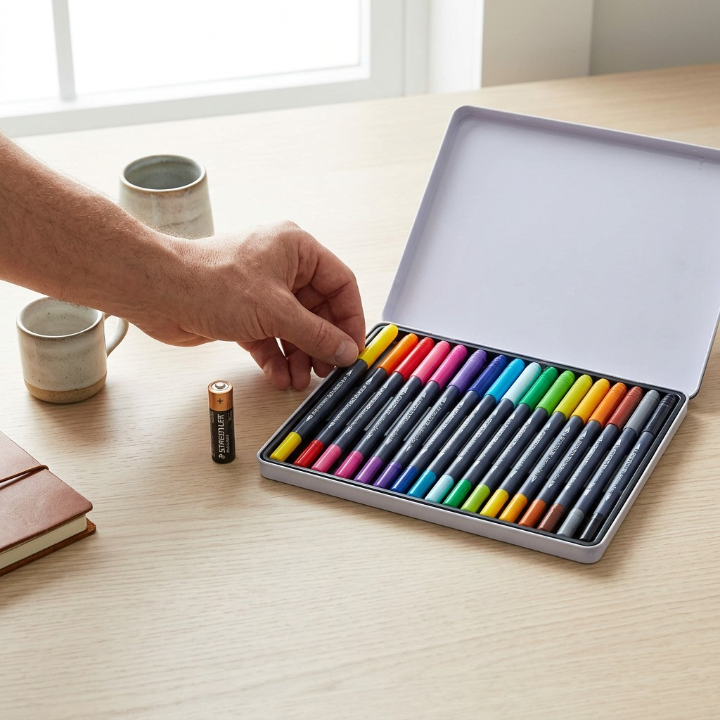 A pure high-resolution hero shot of the STAEDTLER Double-ended watercolour brush pens set in its original 18-piece cardboard box. The box features the STAEDTLER logo, product descriptions in English and German, a vibrant watercolor illustration of a hummingbird, and a window to view the rainbow assortment of dual-tip pens. The set is neatly packaged with a clear plastic insert, presented against a clean white background.
