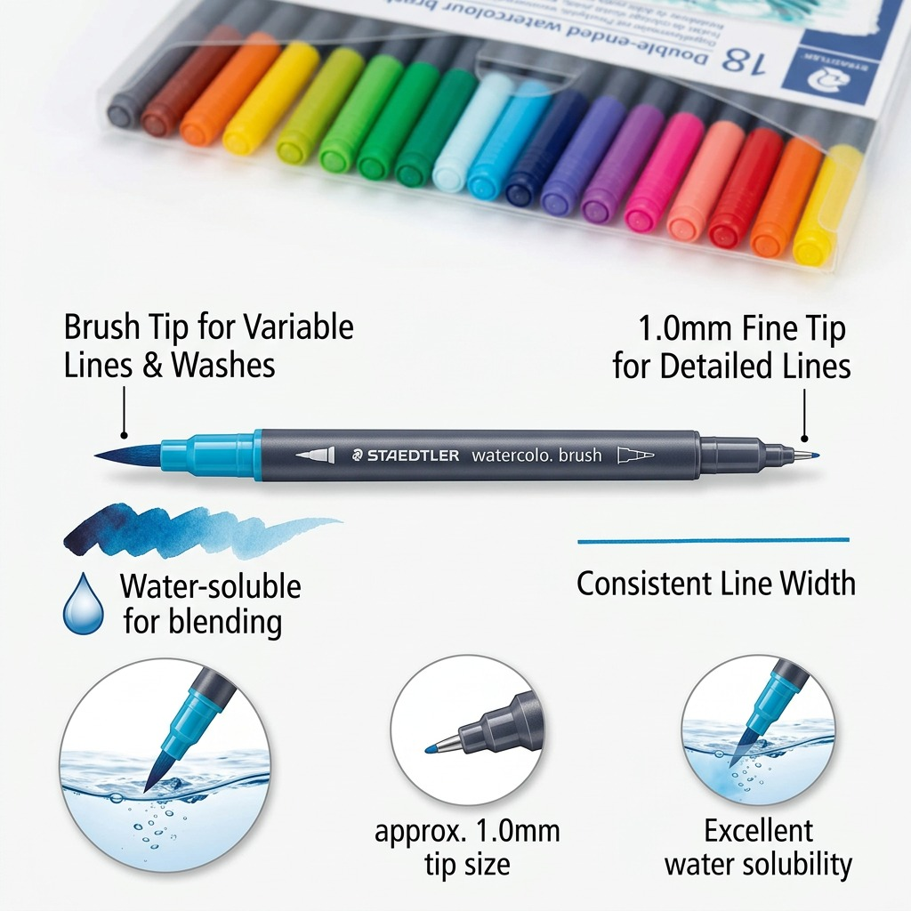 STAEDTLER 18 feutres aquarellables, réf. 3001-TB18-02 — gros plan des détails