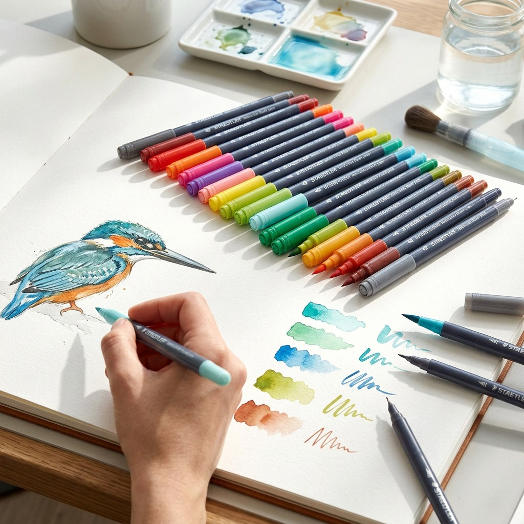 STAEDTLER 18 feutres aquarellables, réf. 3001-TB18-02 — présentation en utilisation