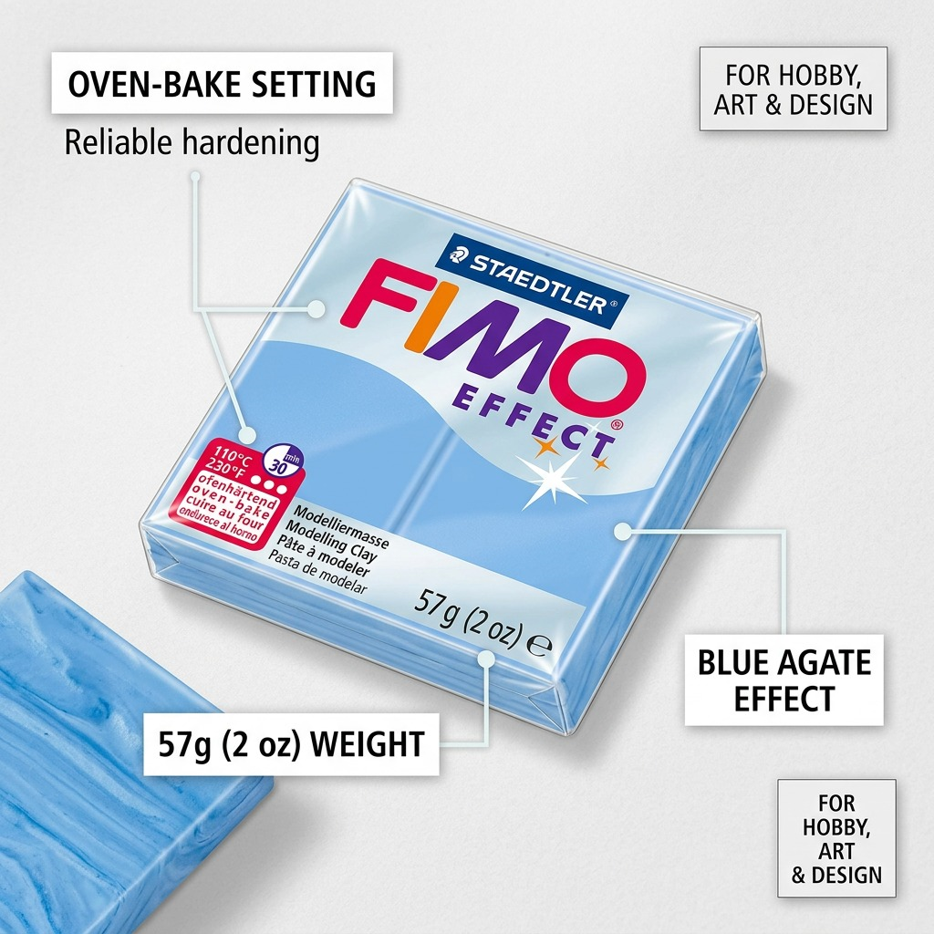 FIMO Effect – Pâte agate bleue 57 g, réf. 8020-386 — caractéristiques illustrées