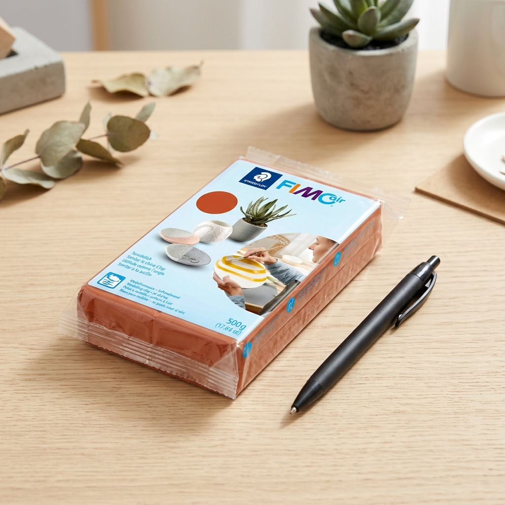 High-resolution hero shot of STAEDTLER Fimoair 500g Terracotta clay block (8100-76) against white.