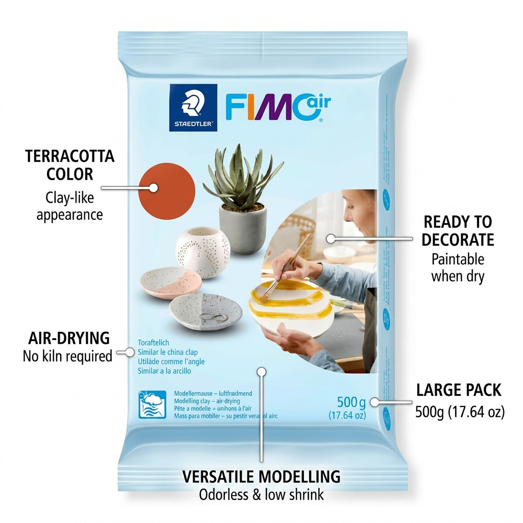 FIMOair – Pâte terre cuite 500 g, réf. 8100-76 — caractéristiques illustrées