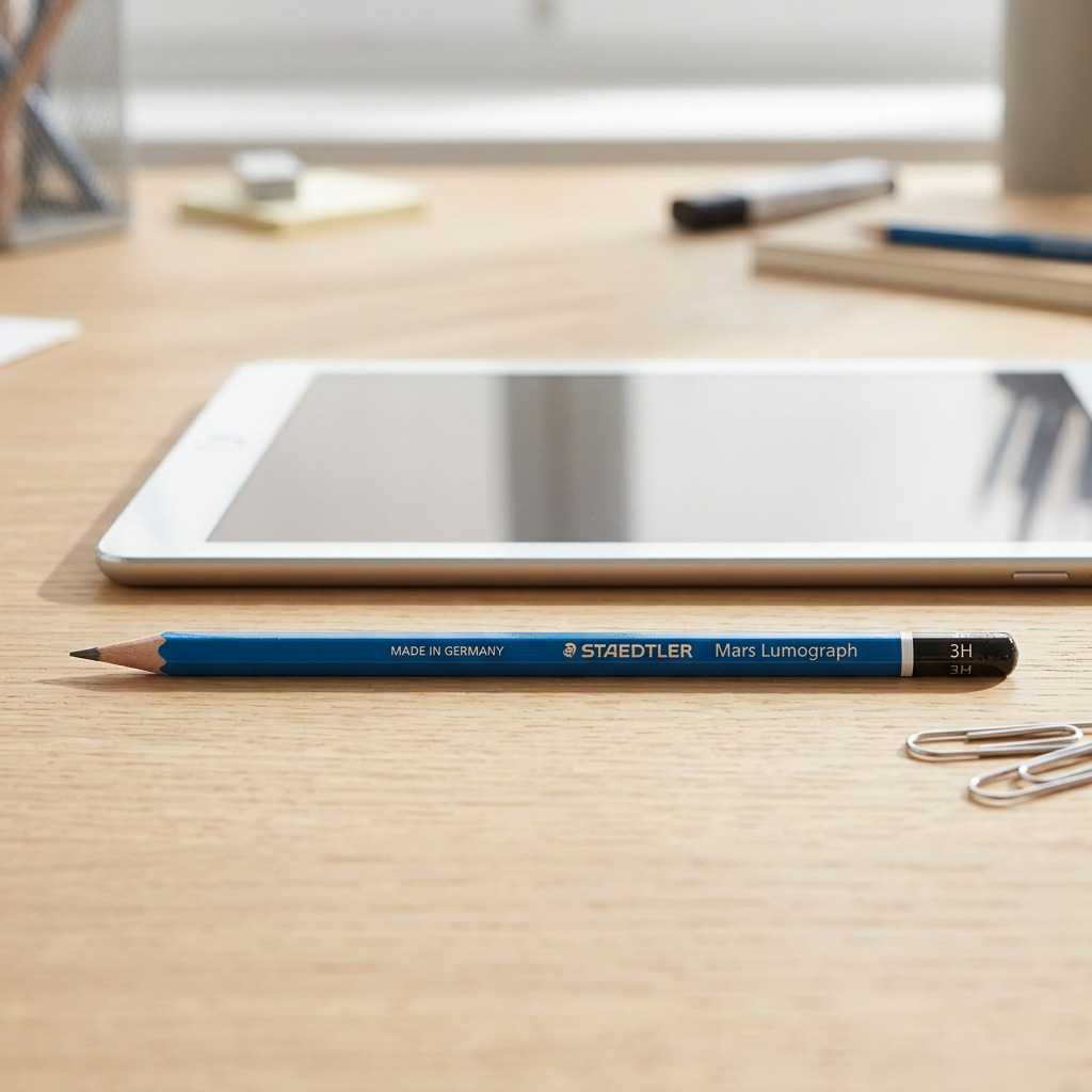 Pure high-resolution hero shot of a single pre-sharpened STAEDTLER Mars Lumograph 3H pencil.