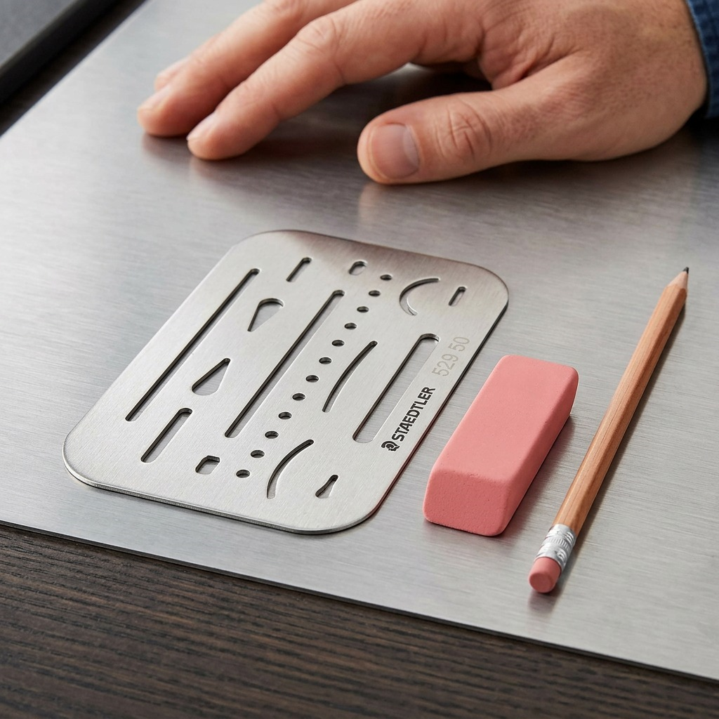 A high-resolution, centered view of the metal erasing shield with all its precision cutouts.