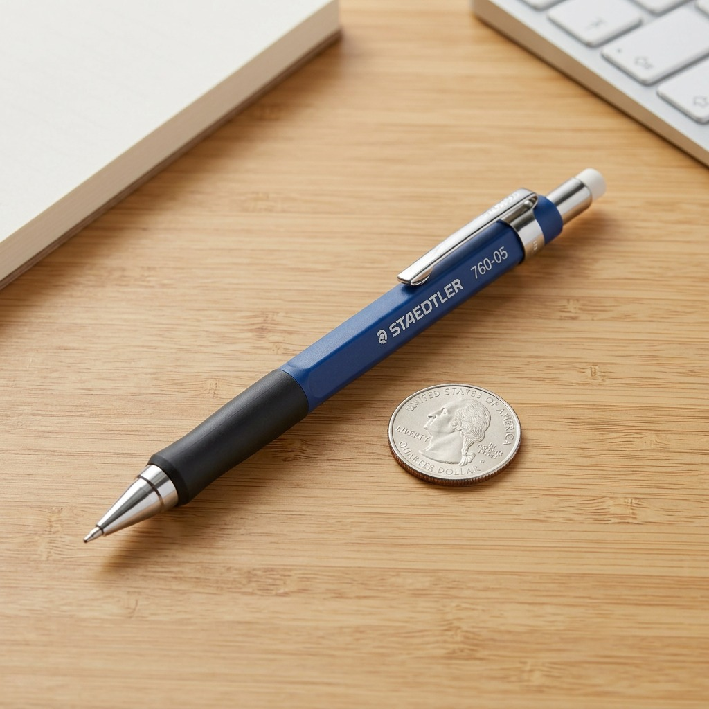 A high-resolution, centered view of the STAEDTLER Graphite 760 0.5 mechanical pencil with blue body and black grip, on a pure white background.