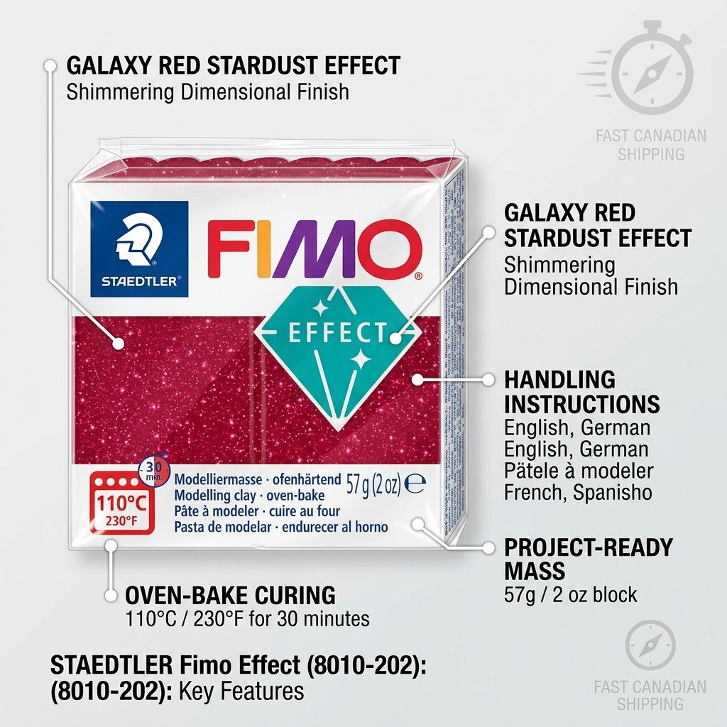 FIMO Effect Galaxy – Pâte rouge 57 g, réf. 8010-202 — caractéristiques illustrées