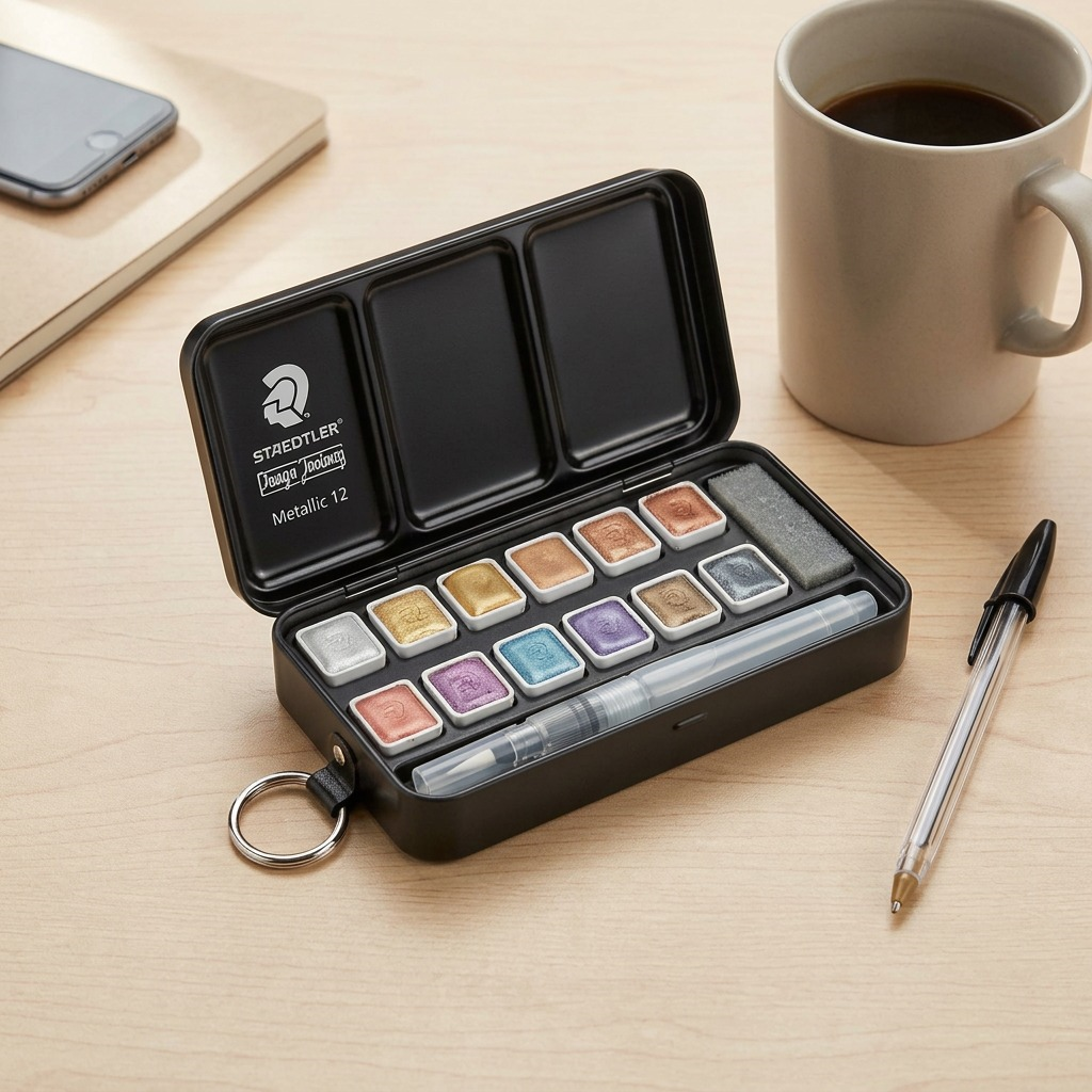 A high-resolution, centered image of the STAEDTLER Metallic Watercolor Pan 12-set with a clear water brush in an open black metal tin on a pure white background. The tin displays the "STAEDTLER" and "Design Journey" logos inside the lid.