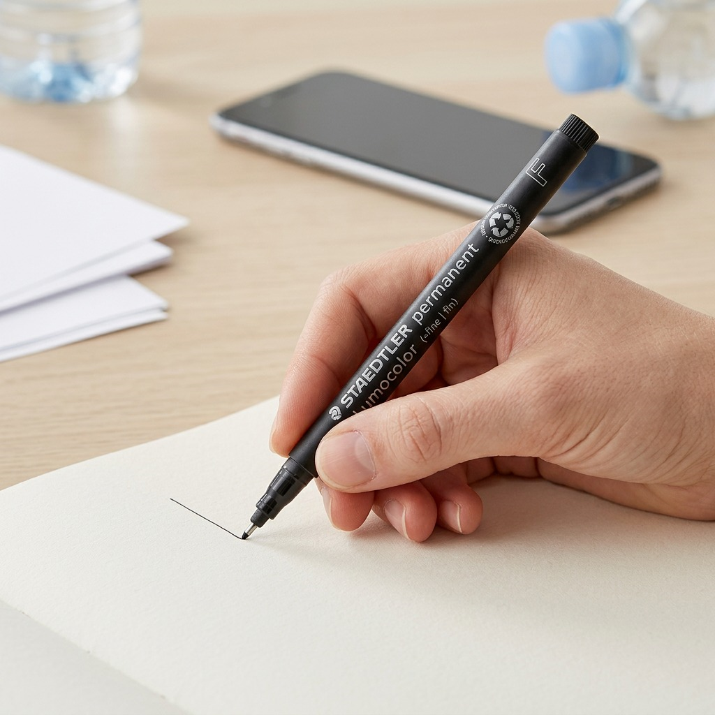 High-resolution macro photograph of four black Staedtler Lumocolor permanent markers, upright on a white background.