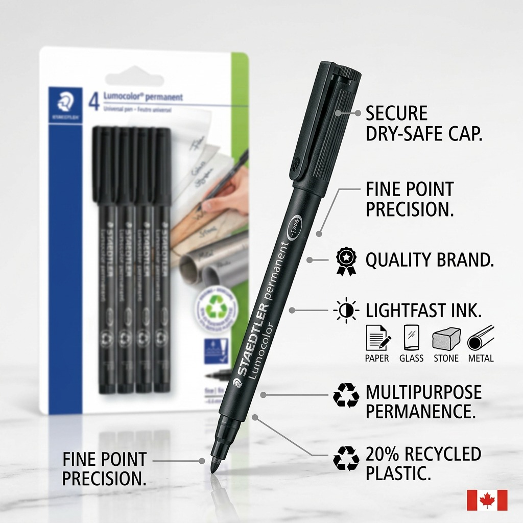 STAEDTLER Lumocolor – 4 marqueurs permanents noirs fin, réf. 318-9BK4A610 — gros plan des détails