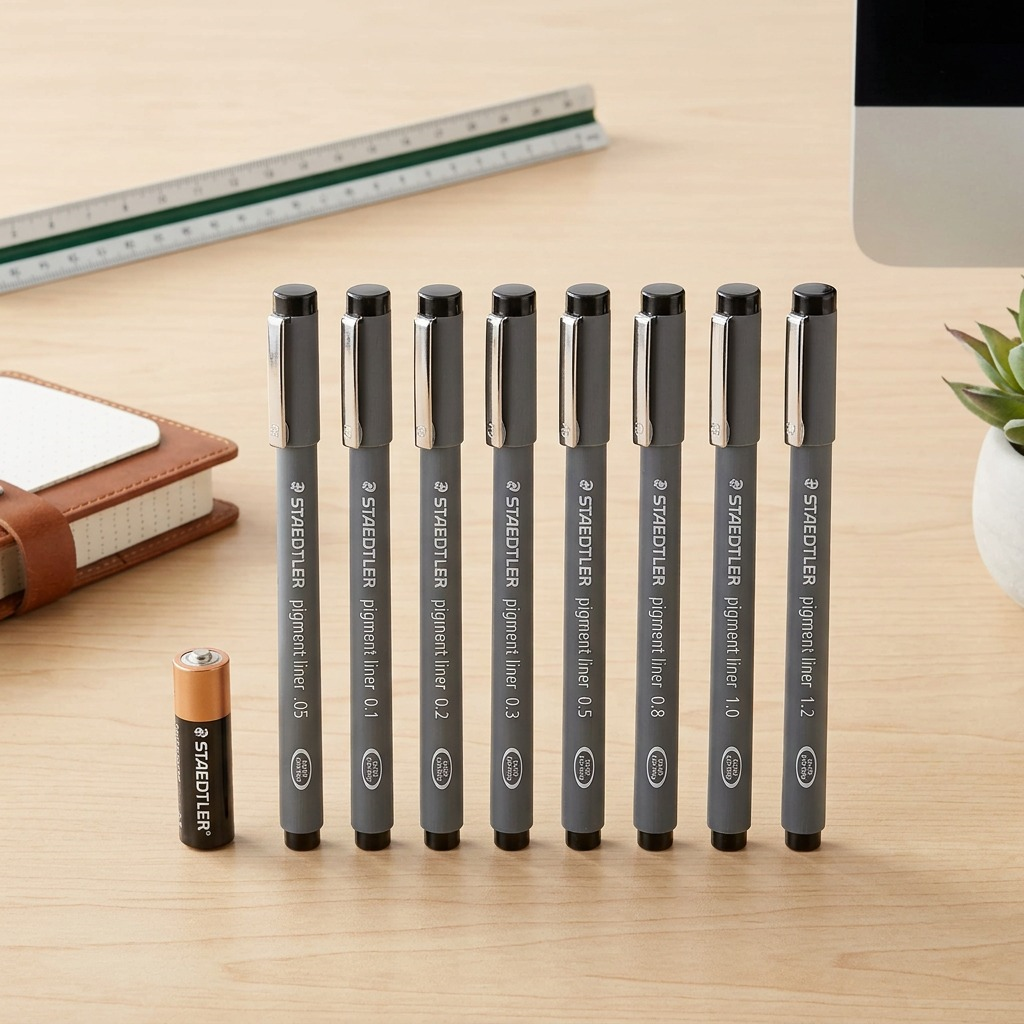 A high-resolution, centered flat lay photograph of eight Staedtler Pigment Liner technical pens, in black barrels with metallic caps, showing the range of sizes from 0.05mm to 1.2mm. All standard brand markings are visible.