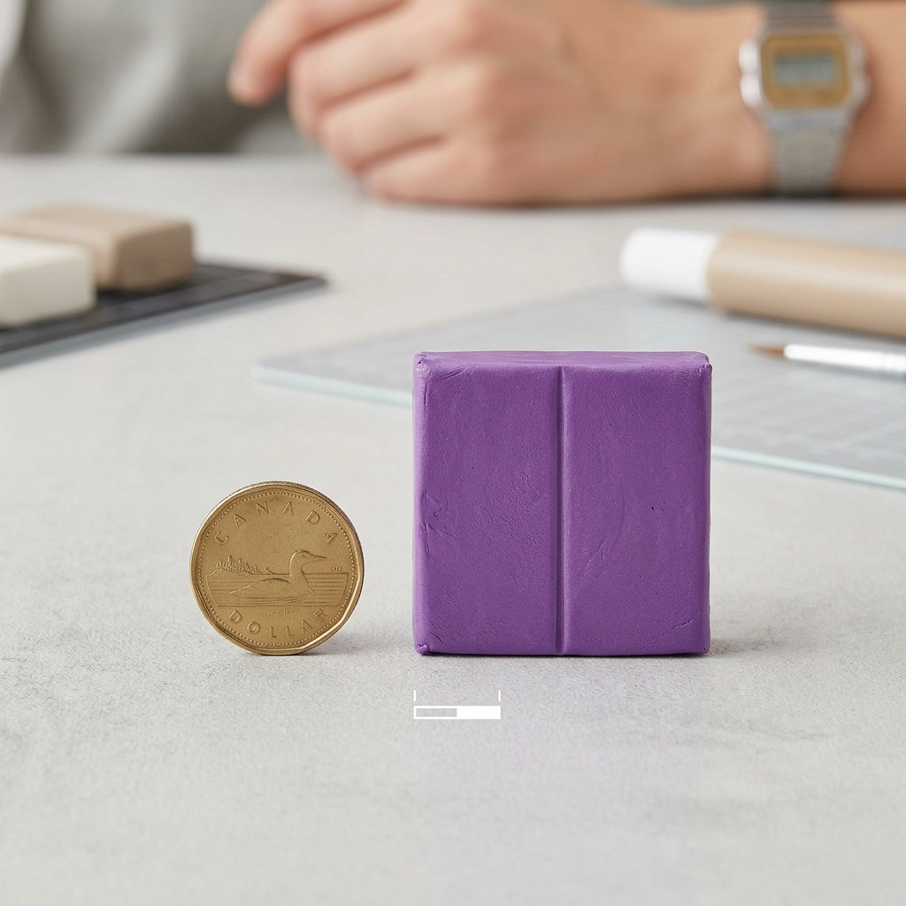 A sharp, centered photograph of a block of purple STAEDTLER FIMO Effect modelling clay (8020-604), showing its correct shape, color, and size (56g) on a pure white background with a subtle shadow.