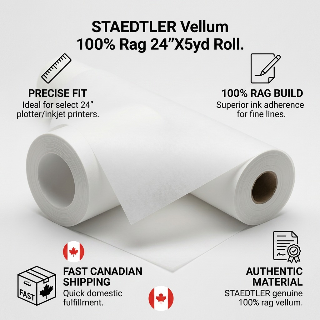 STAEDTLER – Rouleau de vélin uni 24 po × 5 verges, réf. 946-245R-NA — caractéristiques illustrées