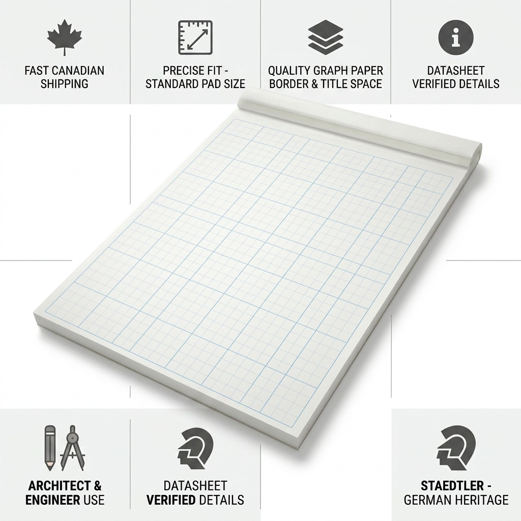STAEDTLER – Bloc de papier quadrillé 8,5 × 11 po, réf. 937-811P4-02 — caractéristiques illustrées