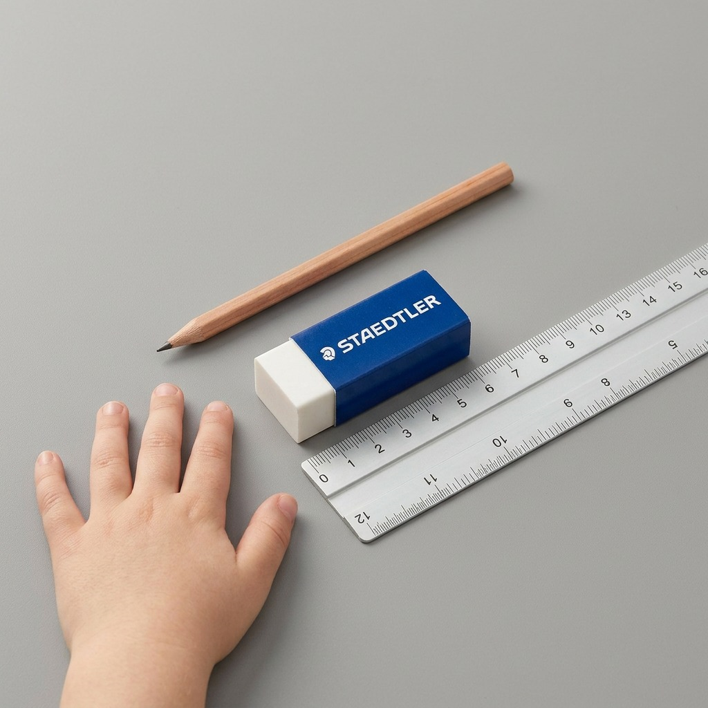 A professional product shot of the Staedtler 525-B30 PVC-free mini eraser with its blue sleeve on a white backdrop.