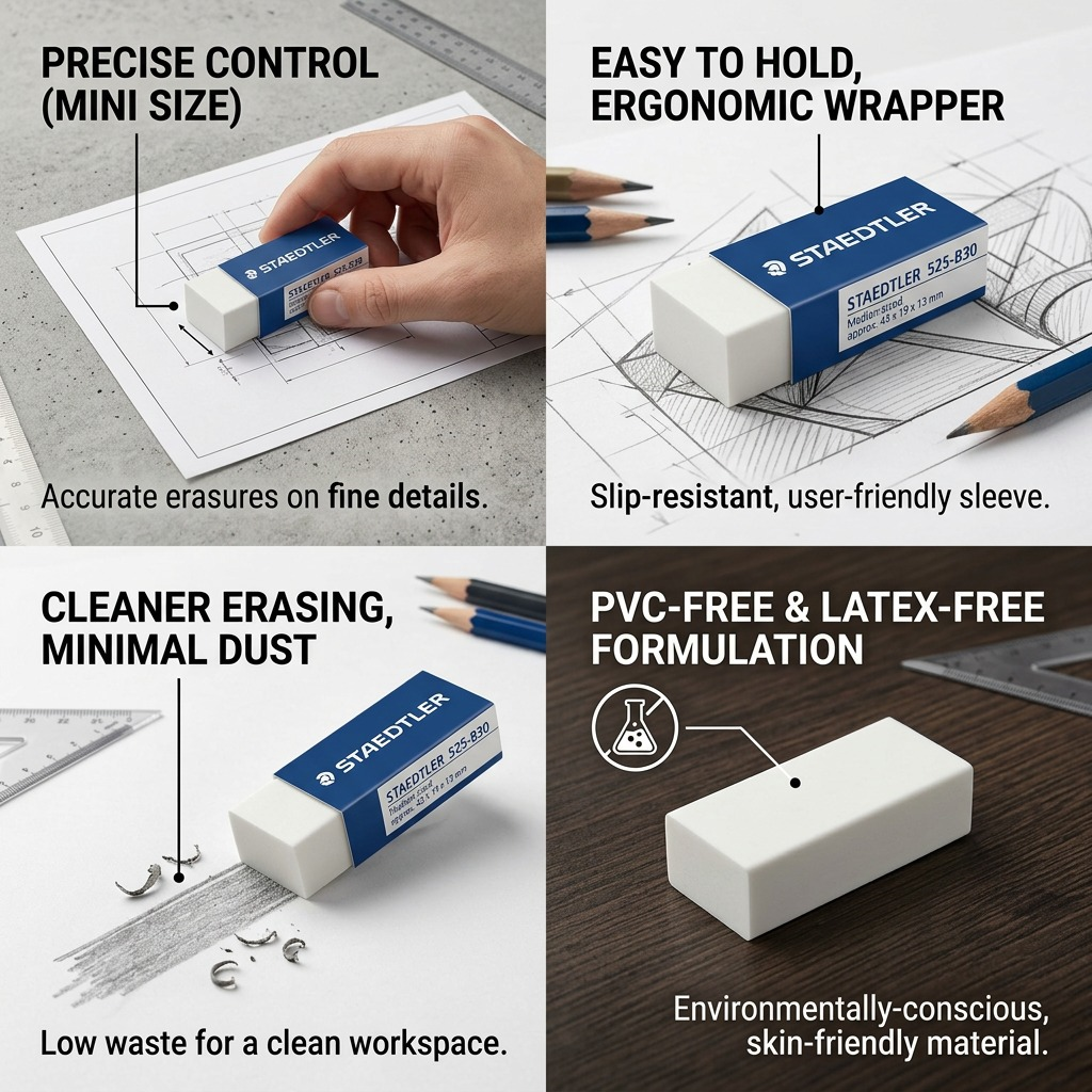 STAEDTLER – Mini-gomme à effacer sans PVC, réf. 525-B30 — caractéristiques illustrées