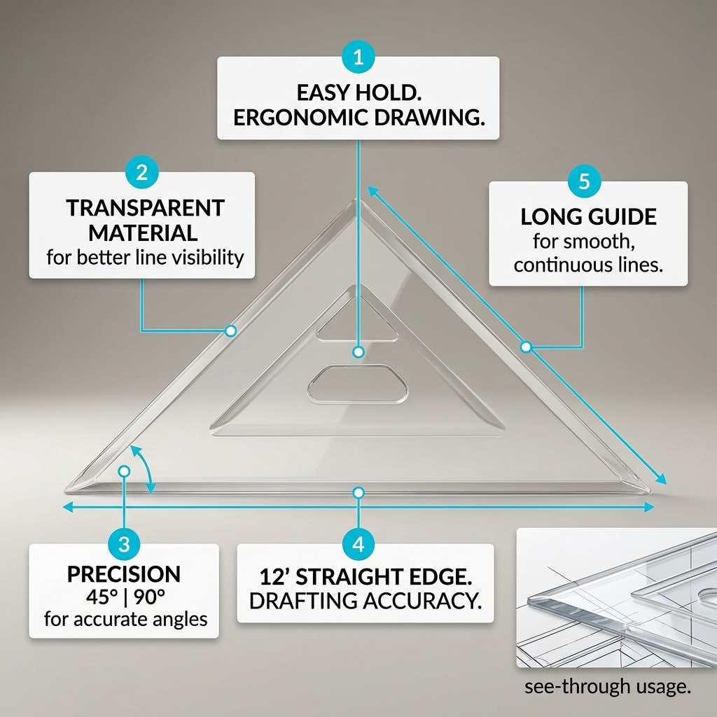 STAEDTLER – Équerre transparente 12 po, 45°/90°, réf. 964-12-45-NA — caractéristiques illustrées
