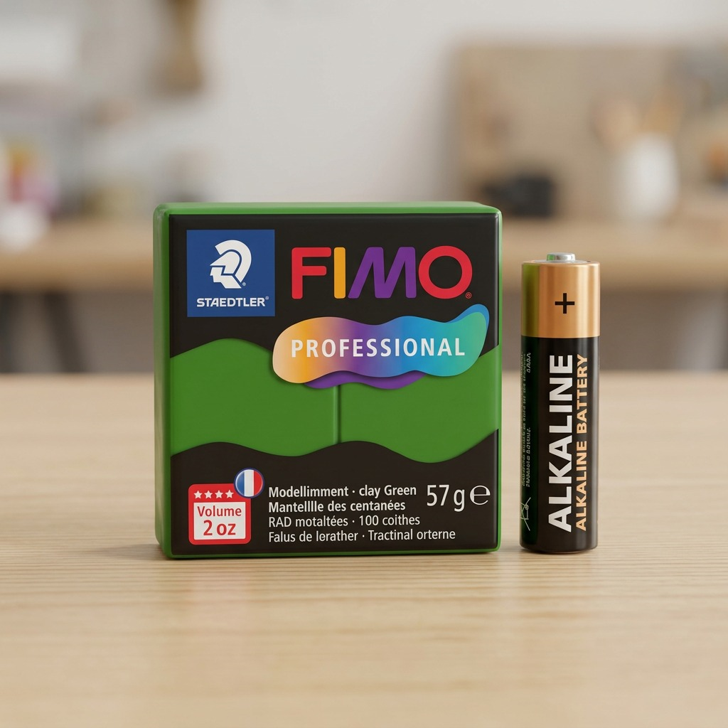 A crisp hero shot: an unwrapped 57g bar of STAEDTLER Fimo Professional Leaf Green clay, showing texture.