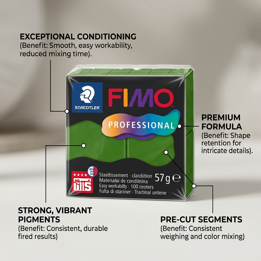FIMO Professional – Pâte vert feuille 57 g, réf. 8040-57 — caractéristiques illustrées
