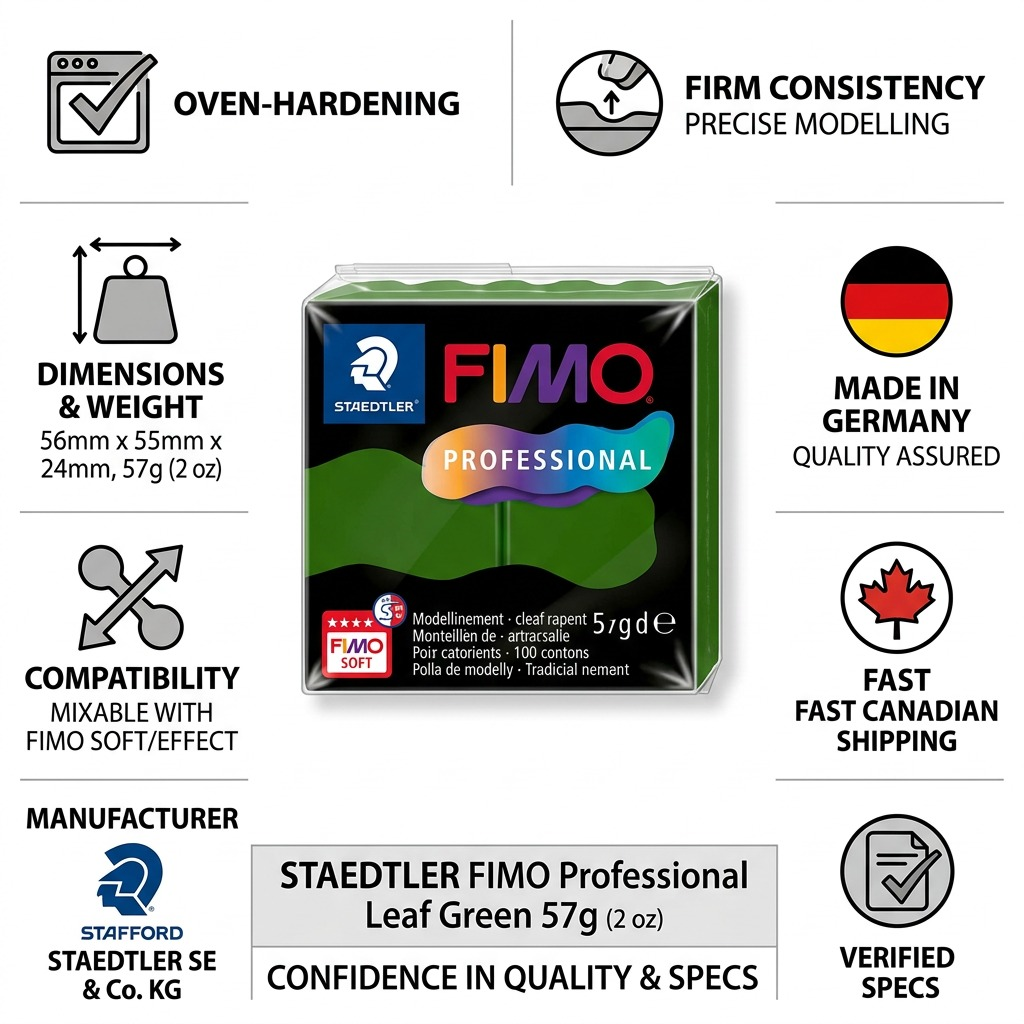 FIMO Professional – Pâte vert feuille 57 g, réf. 8040-57 — caractéristiques illustrées