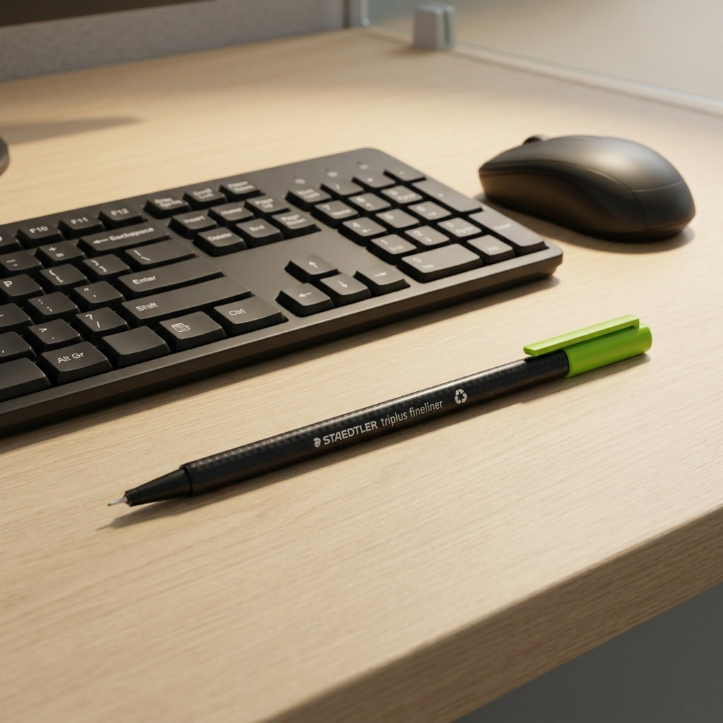 A crisp, central product shot of the STAEDTLER triplus fineliner (green) on white, featuring its unique hexagonal body and metal-clad tip.