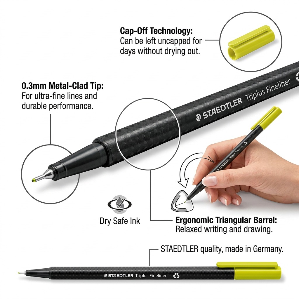 STAEDTLER triplus fineliner – Fineliner 0,3 mm vert saule, réf. 334-51-A7 — présentation de l’ensemble ou de l’emballage