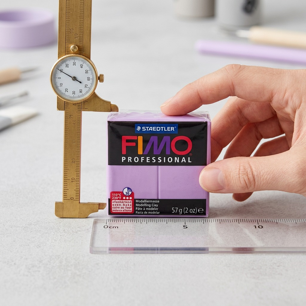 A high-resolution ecommerce hero shot of a 57g block of lavender Fimo Professional modelling clay.