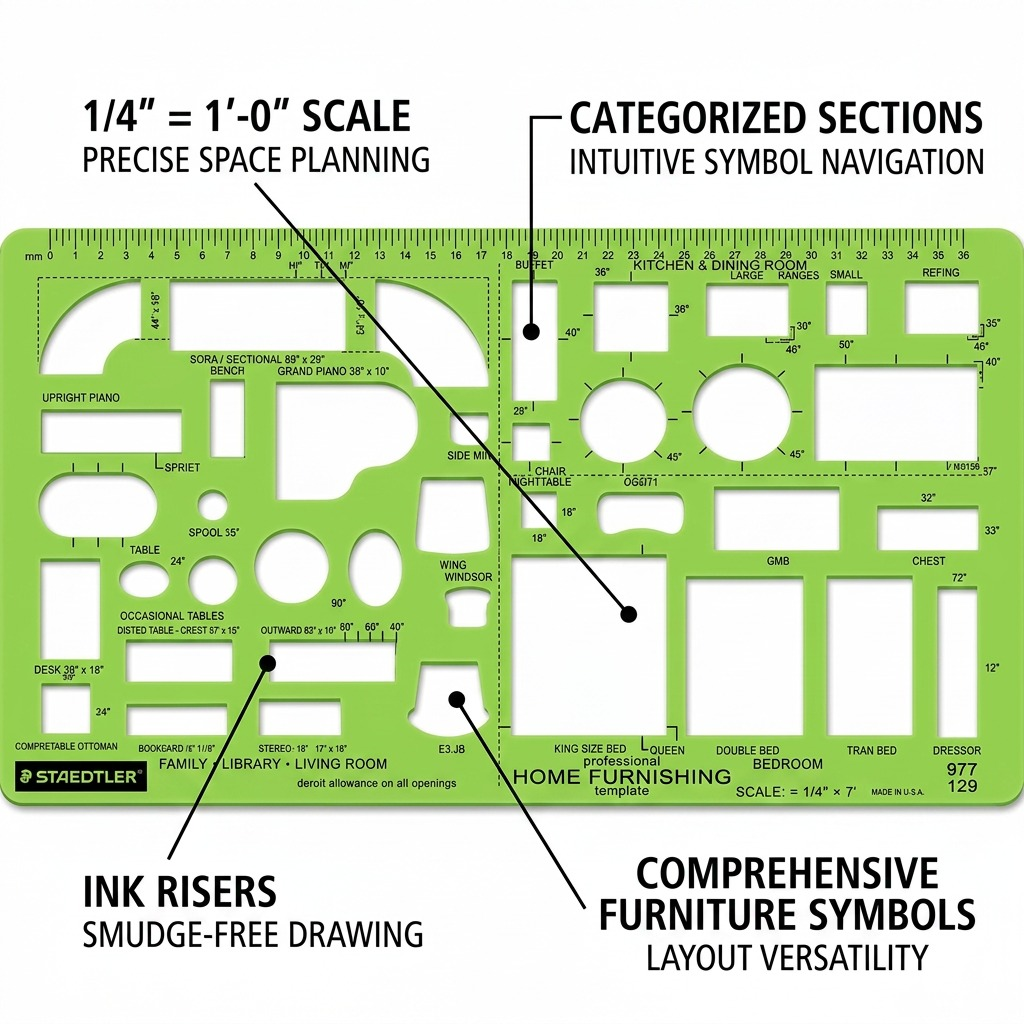 A high-resolution product photograph of the green plastic Staedtler 977 129 Home Furnishing Template, featuring a variety of architectural symbols and measurements.
