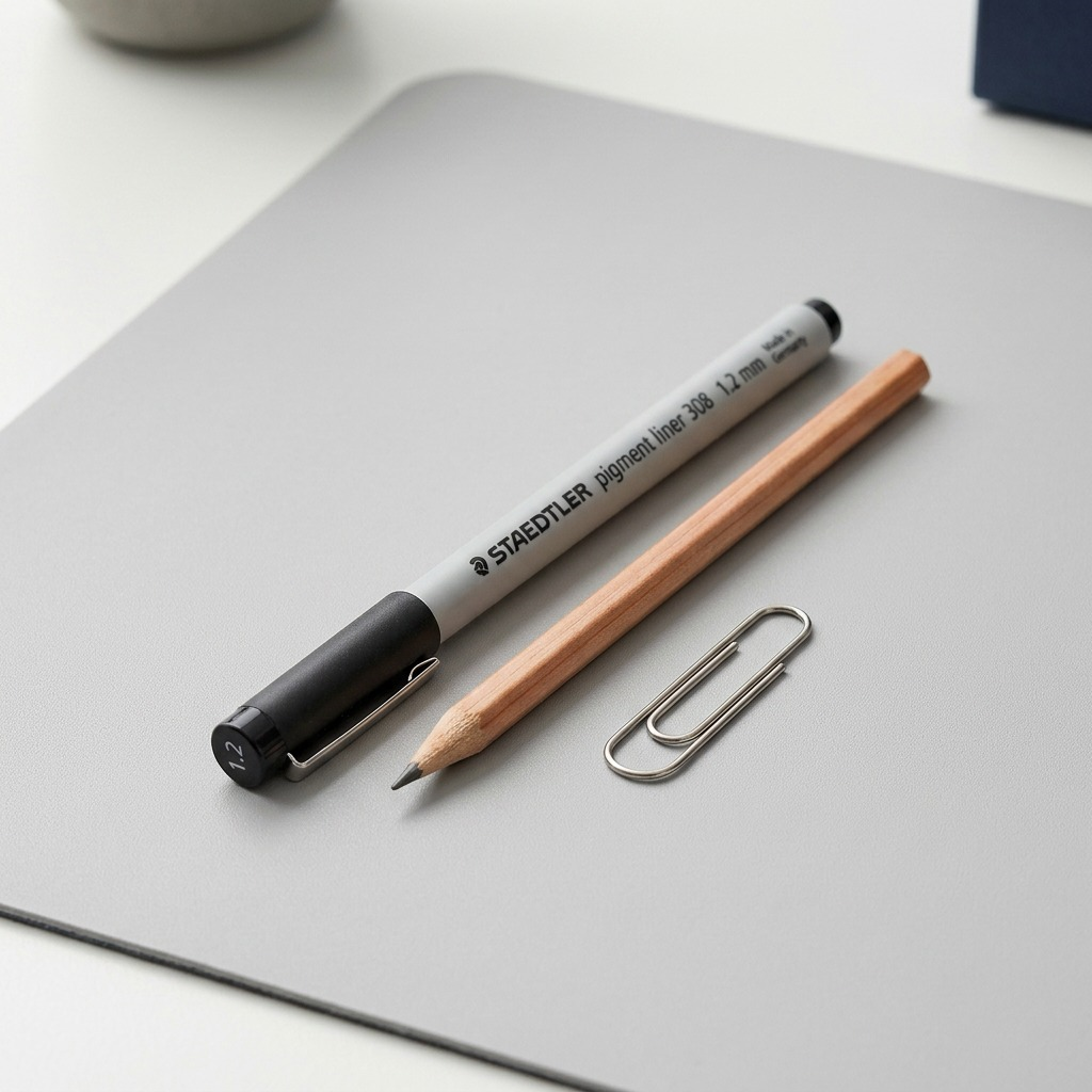 A high-resolution, centered view of the STAEDTLER Fineliner pigment liner 1.2 mm black, with its cap removed, showcasing the precise tip and clear manufacturer markings on a clean white background.