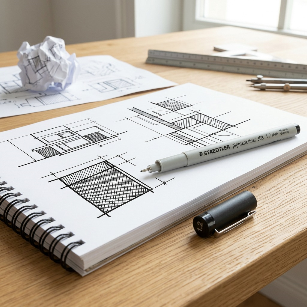 STAEDTLER Pigment Liner – Fineliner noir 1,2 mm, réf. 308-12-9M — présentation en utilisation