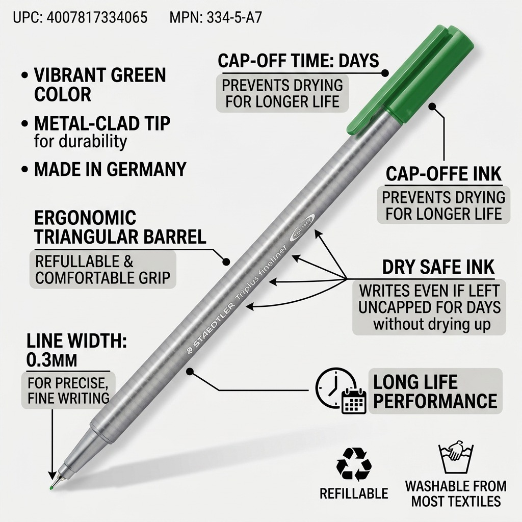 STAEDTLER triplus fineliner – Fineliner vert 0,3 mm, réf. 334-5-A7 — caractéristiques illustrées