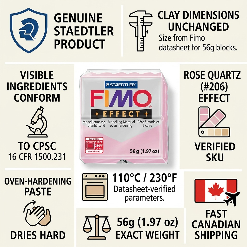 FIMO Effect – Pâte quartz rose 57 g, réf. 8020-206 — caractéristiques illustrées