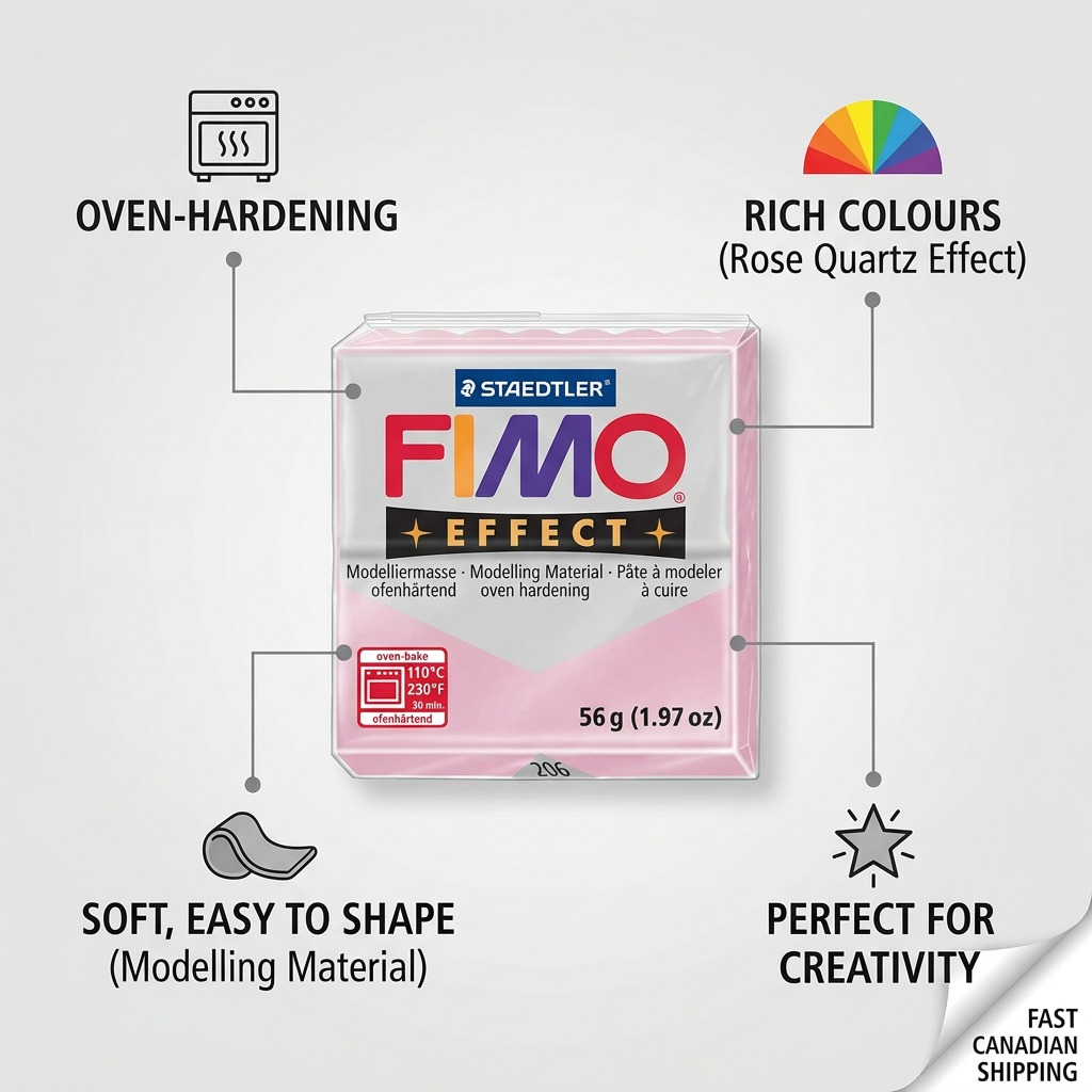 FIMO Effect – Pâte quartz rose 57 g, réf. 8020-206 — caractéristiques illustrées