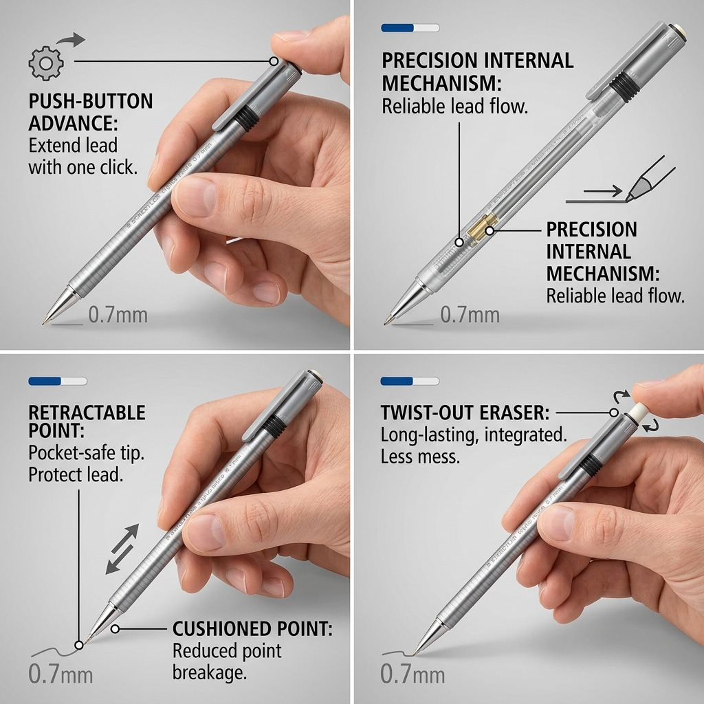 STAEDTLER triplus – Porte-mine 0,7 mm pêche, réf. 77427-80A6 — caractéristiques illustrées