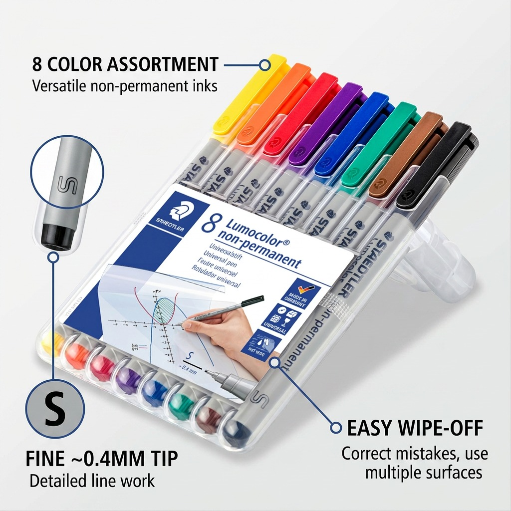 STAEDTLER Lumocolor – 8 marqueurs effaçables superfins, réf. 311-WP8-10 — gros plan des détails
