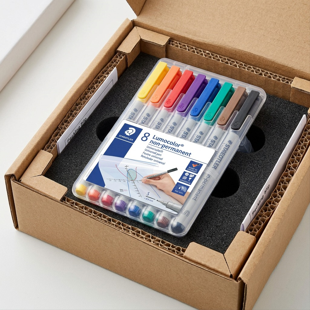 STAEDTLER Lumocolor – 8 marqueurs effaçables superfins, réf. 311-WP8-10 — présentation de l’ensemble et de son emballage