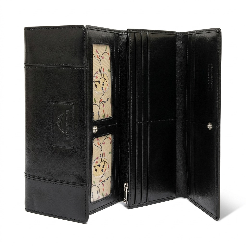 Open Mancini Casablanca black trifold leather wallet showing card slots and patterned ID windows.