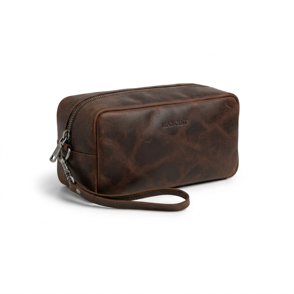 Mancini Buffalo Leather Toiletry Kit in brown with top zipper and wrist strap on white background.