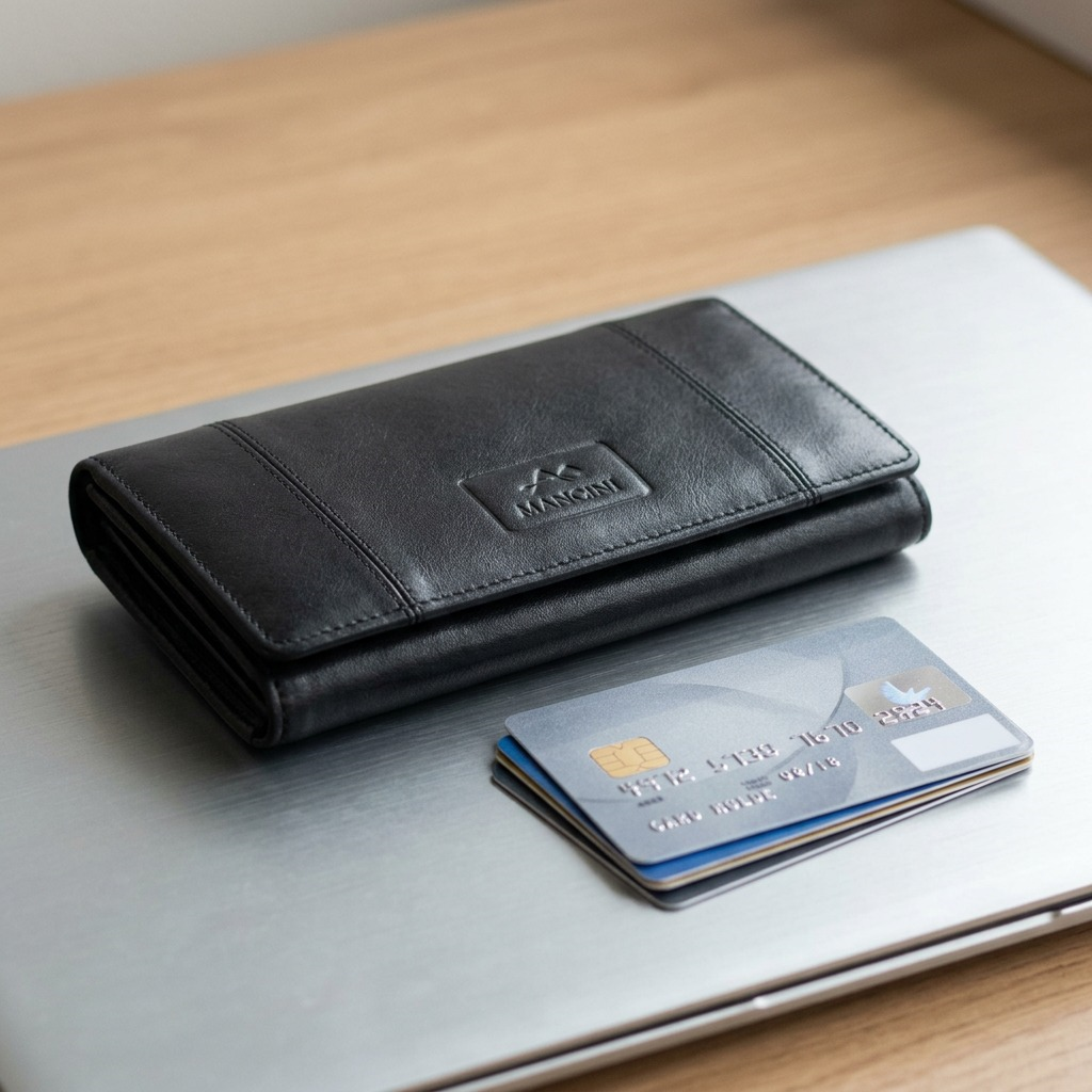 Open Mancini Casablanca black trifold leather wallet showing card slots and patterned ID windows.