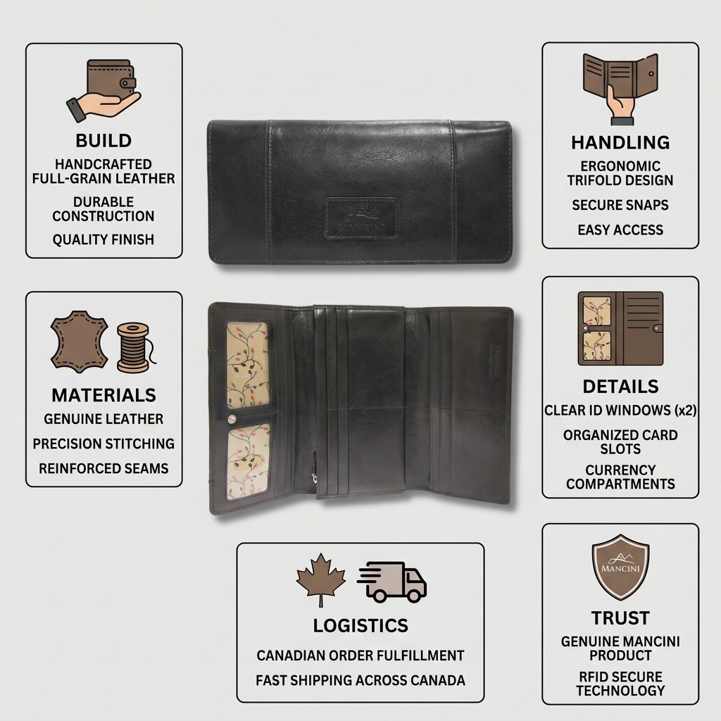 Infographie du portefeuille noir Mancini Casablanca RFID présentant sa fabrication et la livraison au Canada.