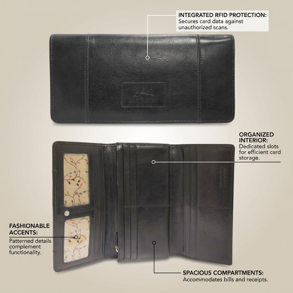 Portefeuille noir Mancini Casablanca à trois volets, avec protection RFID et intérieur organisé.