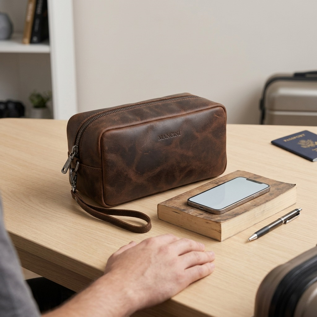 Mancini Buffalo Leather Toiletry Kit in brown with top zipper and wrist strap on white background.