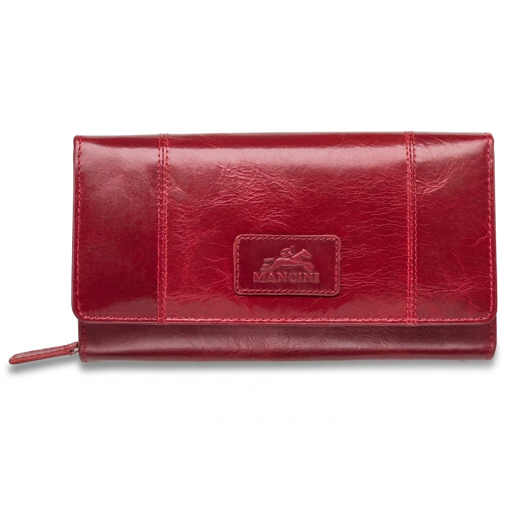 A pure high-resolution hero shot of the red Mancini leather ladies' clutch wallet with RFID security, on a seamless white background.