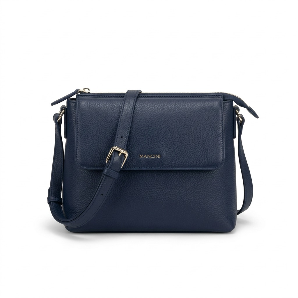 Mancini HBP1077-NAVY navy leather crossbody bag hero shot on white background.