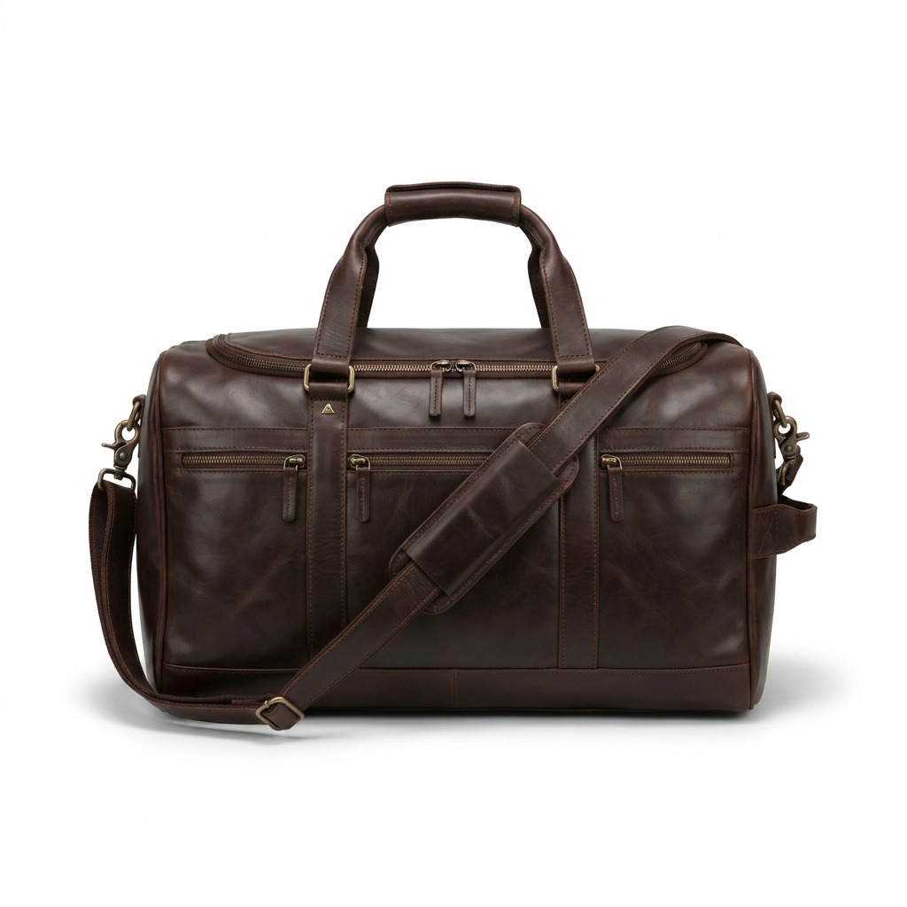 Brown top grain leather Mancini carry-on duffle bag with dual handles and padded shoulder strap.