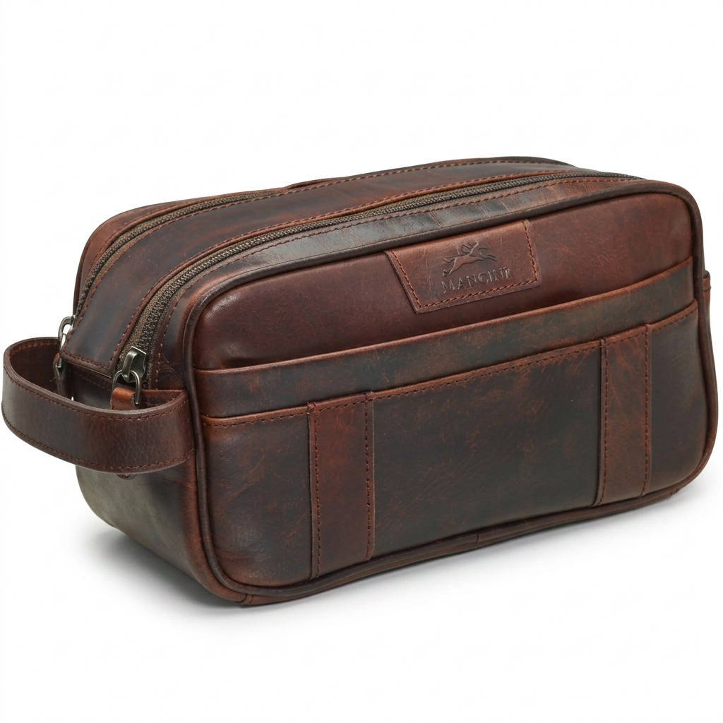 Trousse de toilette Buffalo brune à deux fermetures – Mancini, référence 99-54202-BROWN